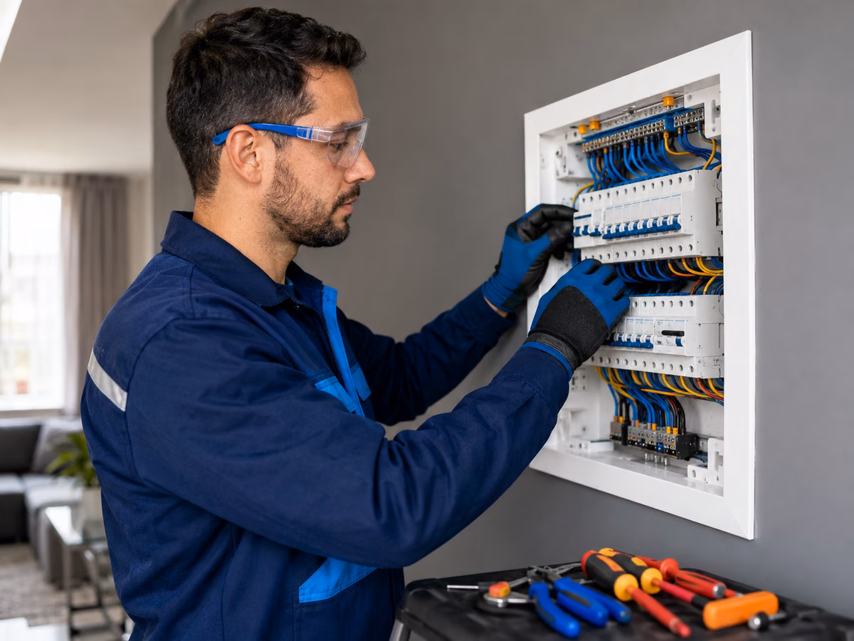 Eletricista revisando um quadro de disjuntores