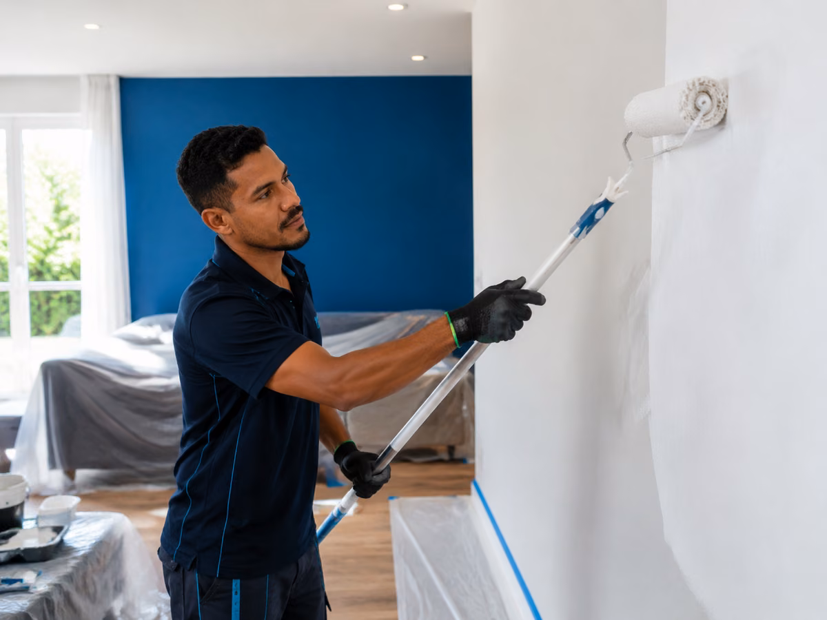 Profissional pintando uma parede com rolo